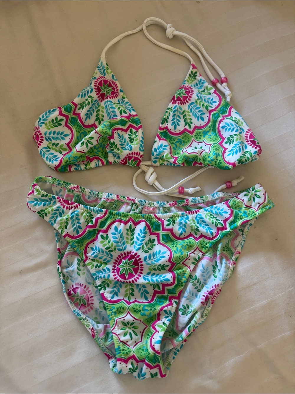 Venus Floral Print Triangle Bikini Set Green&Pink size D (top) size 10 (bottom)